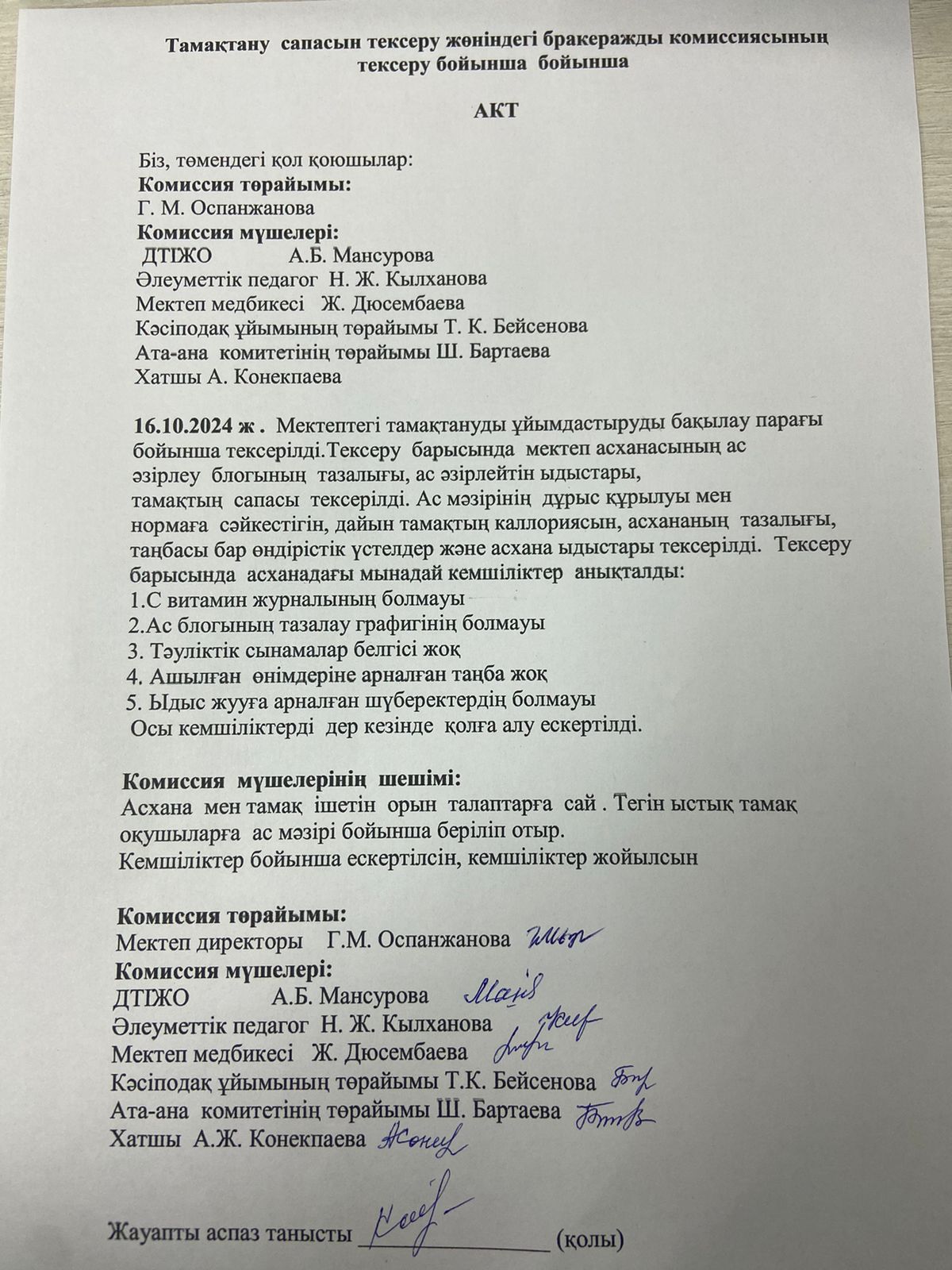 Тамақтану сапасын тексеру жөніндегі бракеражды комиссиясының тексеру бойынша АКТ