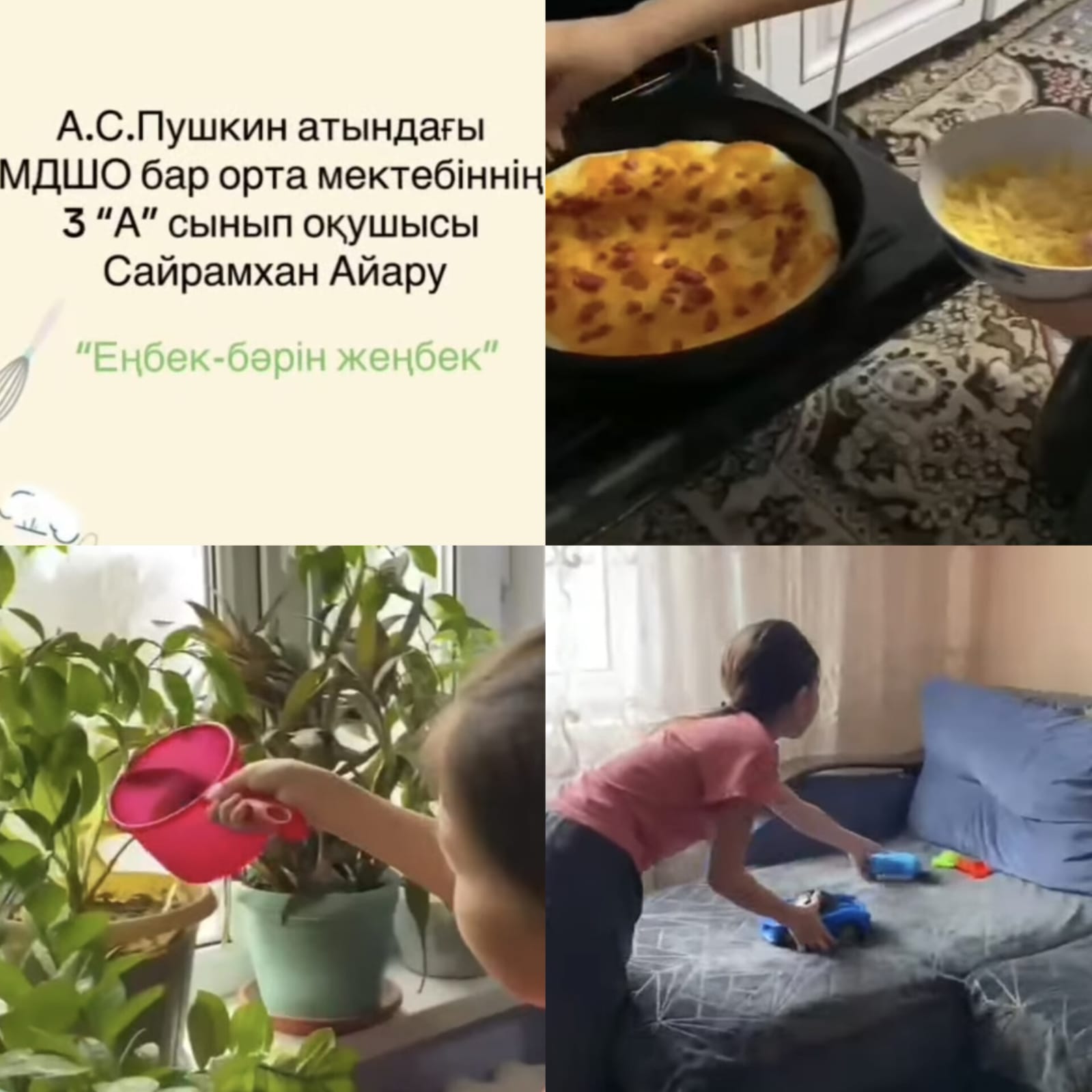 "Еңбек - бәрін жеңбек"3 А сынып оқушысы Сайрамхан Айару видеочеллендж түсірді